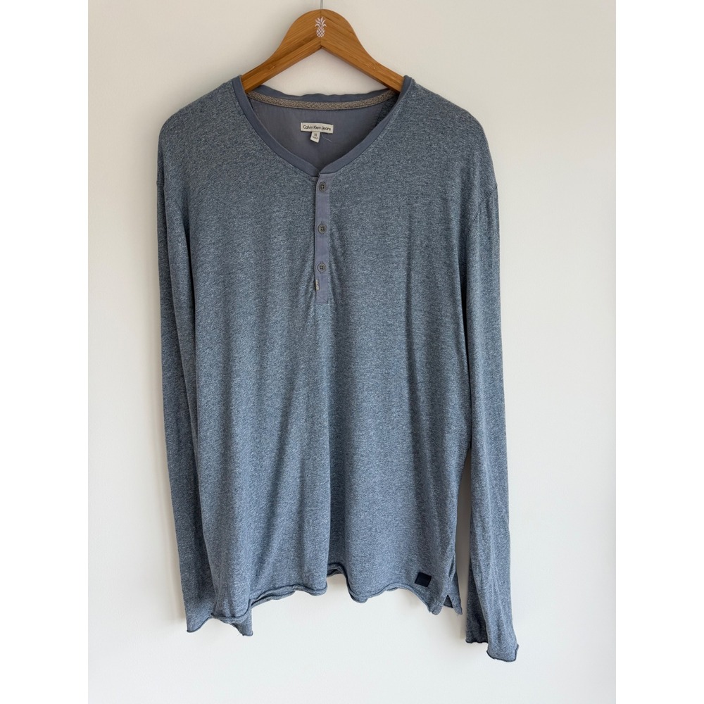Calvin Klein Jeans Mens Textured Henley Top XL Blue Minimalist Preppy